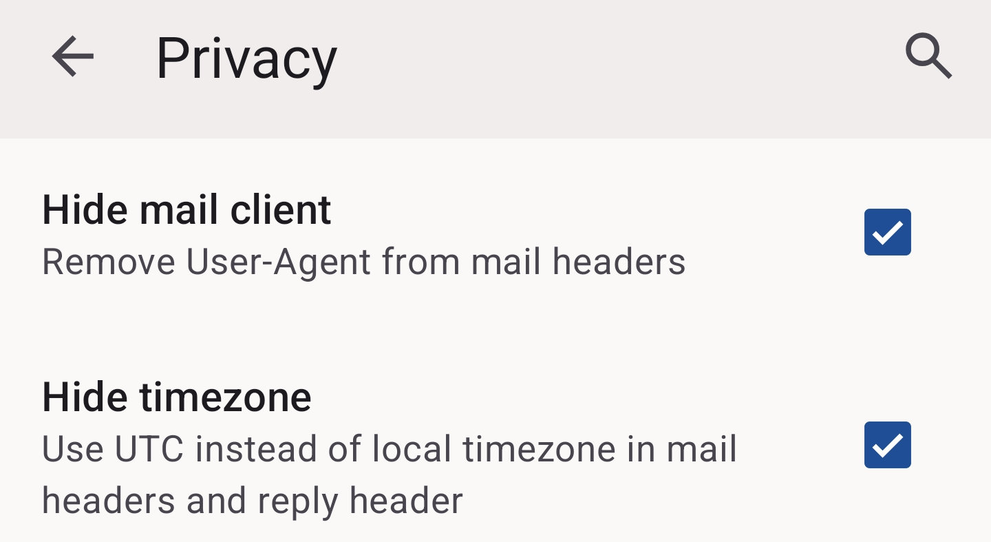 Thunderbird Mobile privacy settings